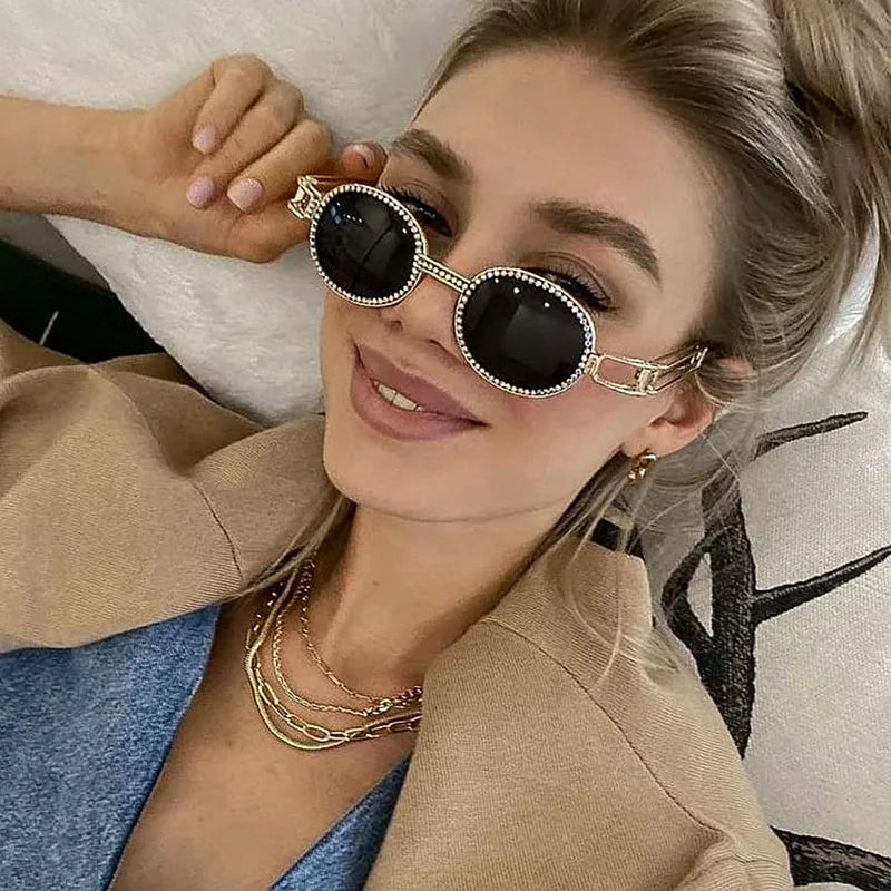 UNOC 2022 New Diamond-studded Gold Transparent Metal Frame Women's Fashion Retro Steampunk Round UV400 Sunglasses
