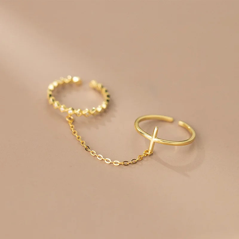 925 Sterling Silver Gold Plated Chain Ring Adjustable Open Cross Shape Cubic Zirconia Knuckle Rings Fashion Jewelry for Women