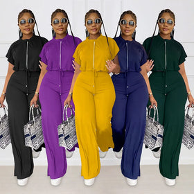 Women's Clothes Set Drawstring Tops High Waist Split Women Loose Trousers Pants Two Piece Ladies Sets