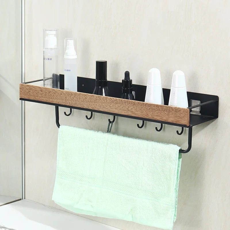 Good Quality Multifunctional Wall Mounted Bathroom Shelf Home Use No-Punch Shelves with Rod with Hooks Shower Storage Shelf