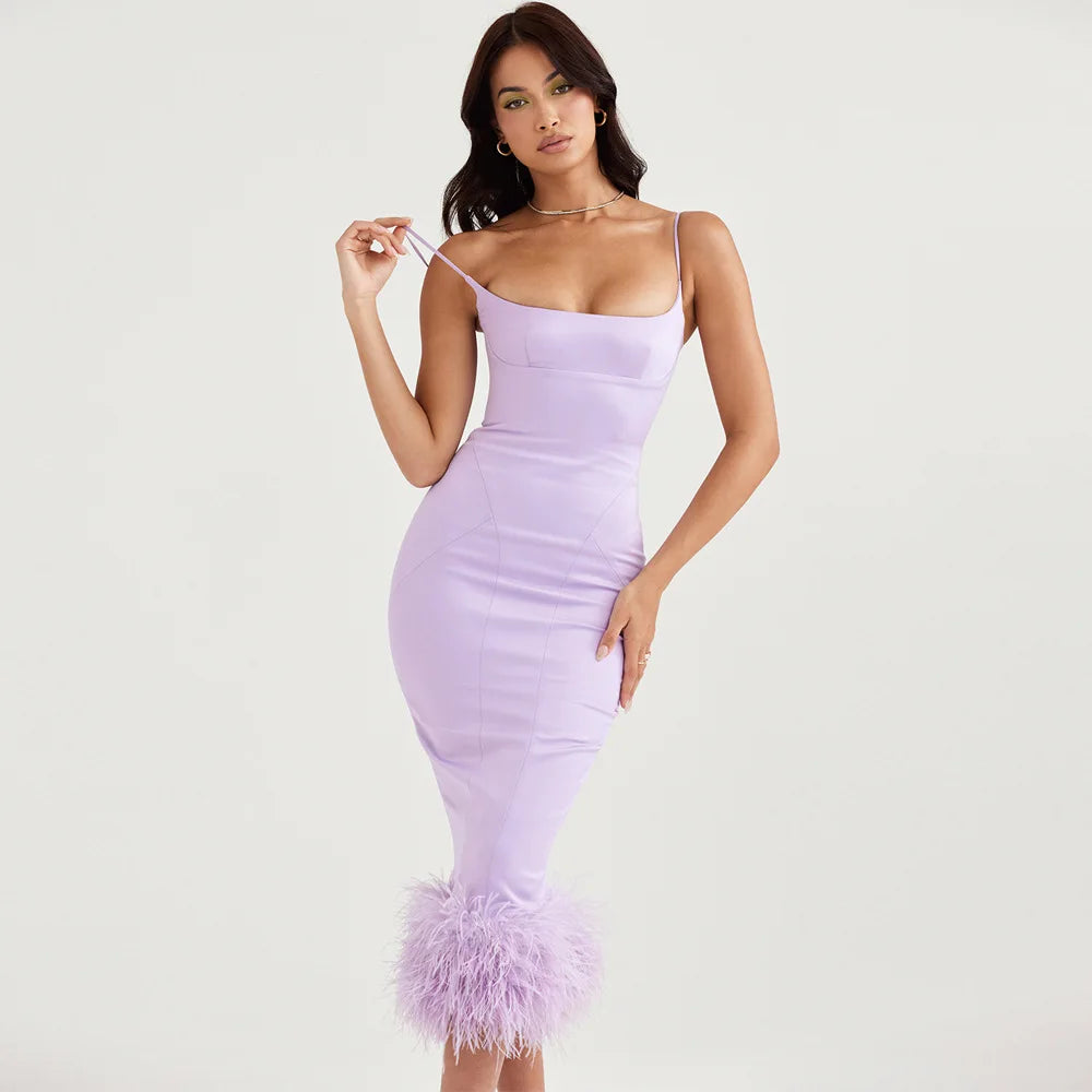 2022 Hot Style Purple Solid Woven Elegant Evening Cocktail Party Short Sleeve Midi Sheath Dress Feather Slit Summer Womens