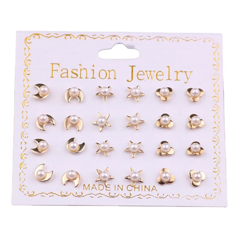 2022 Trendy Simple Alloy Pearls Diamond Stud Earrings Set Fashionable Stars Moon Hearts Huggie for Parties for Foreign Trade