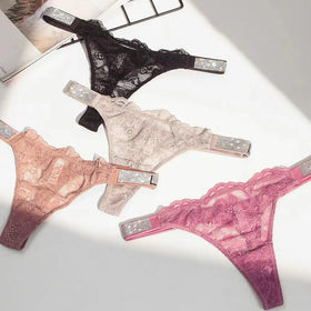 Ladies T Back Thong Rhinestone Sexy Panties Thin Belt Women's Lace Briefs Sexy Underwear G Strings Thongs