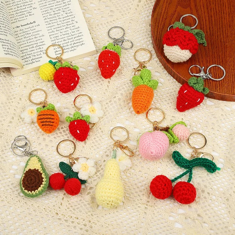 Handmade Wool Crochet Macrame Keychain Fruit Woven Keyrings Carrot Avocado Strawberry Cherry Pig Anime Women's Bag Charms