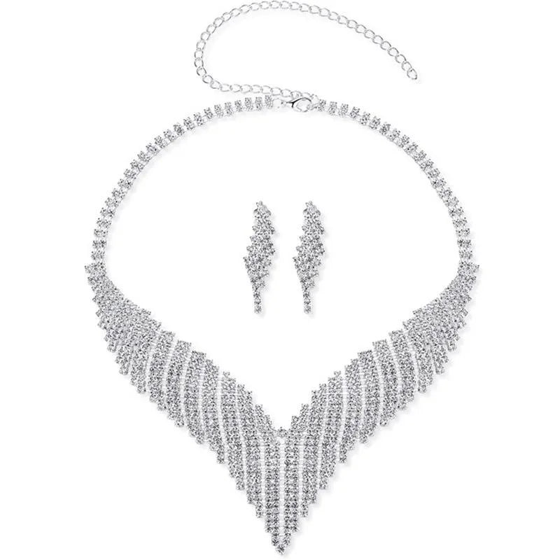 Bridal Necklace Earring Set Classic Rhinestone Sparkling Rhodium Plated Wedding Party Jewelry Accessories