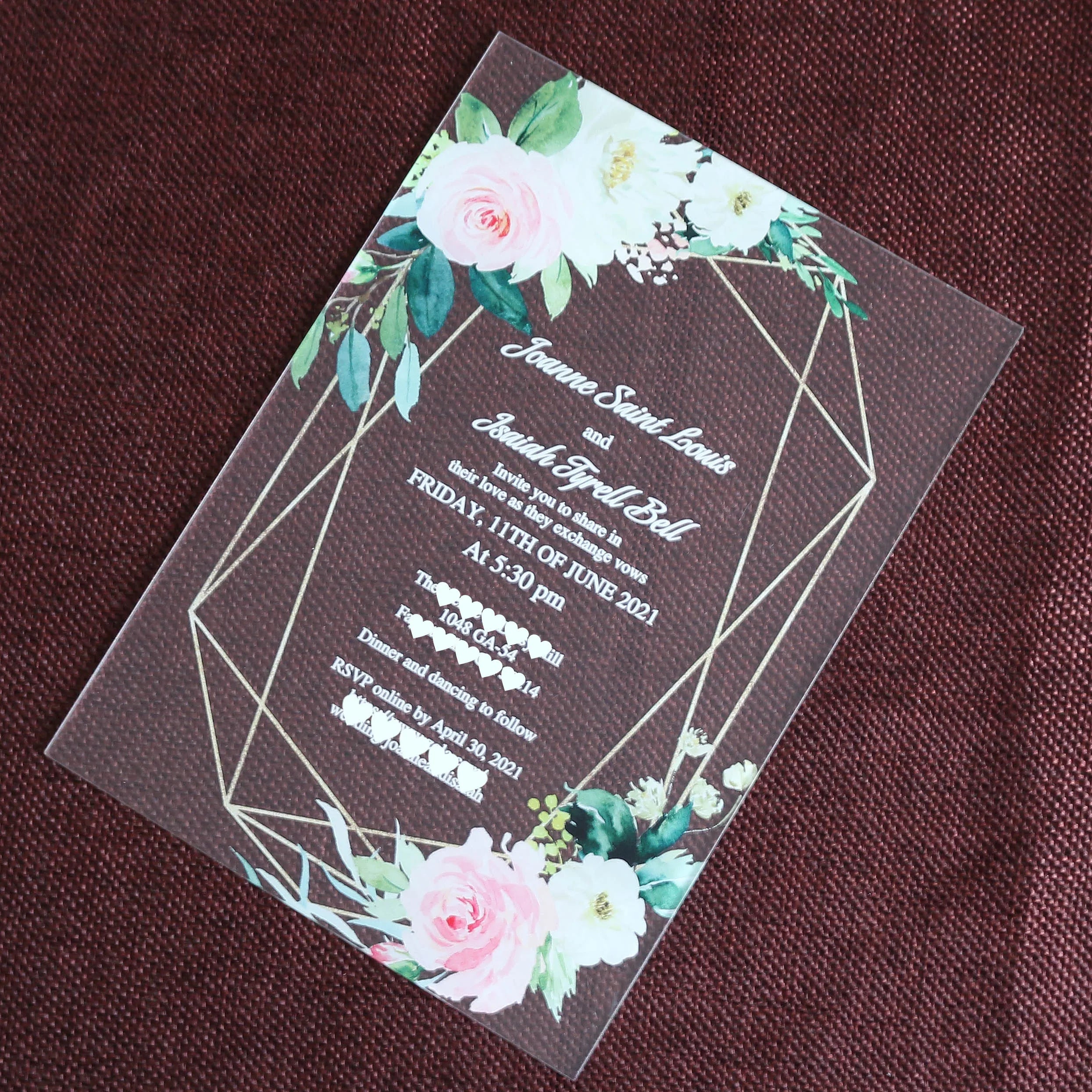 Beautiful Transparent Acrylic Wedding Invitation Card Envelope Gold Stamping Green Leaves Featuring Music Angel Cross Styles