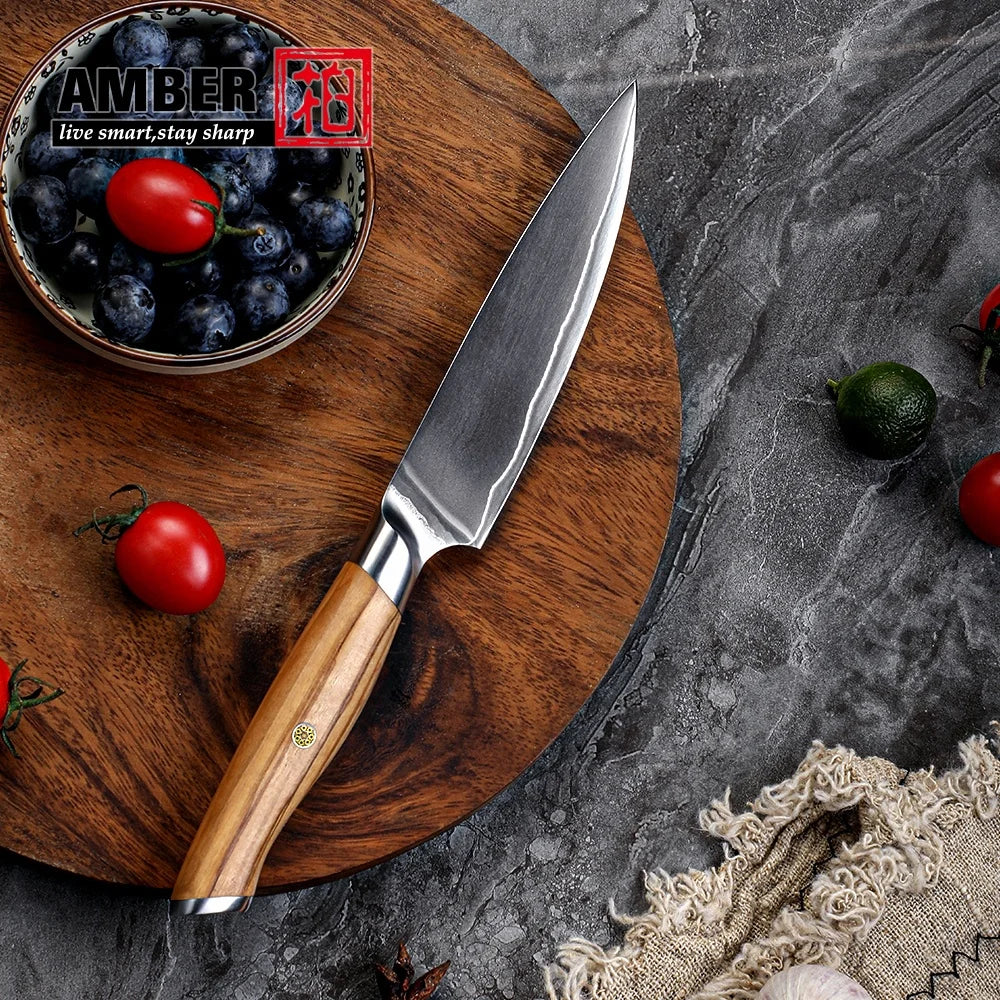 Amber Vintage Olive Wooden Handled High Carbon Steel VG10 5inch Sharp Kitchen Utility Knives for Kitchen Fruit Knife