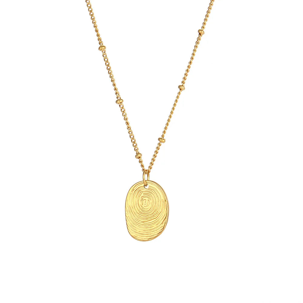 Oval Pendant Jewelry Stainless Steel Plated 18K Gold Beads Chain Fingerprint Pendant Necklace