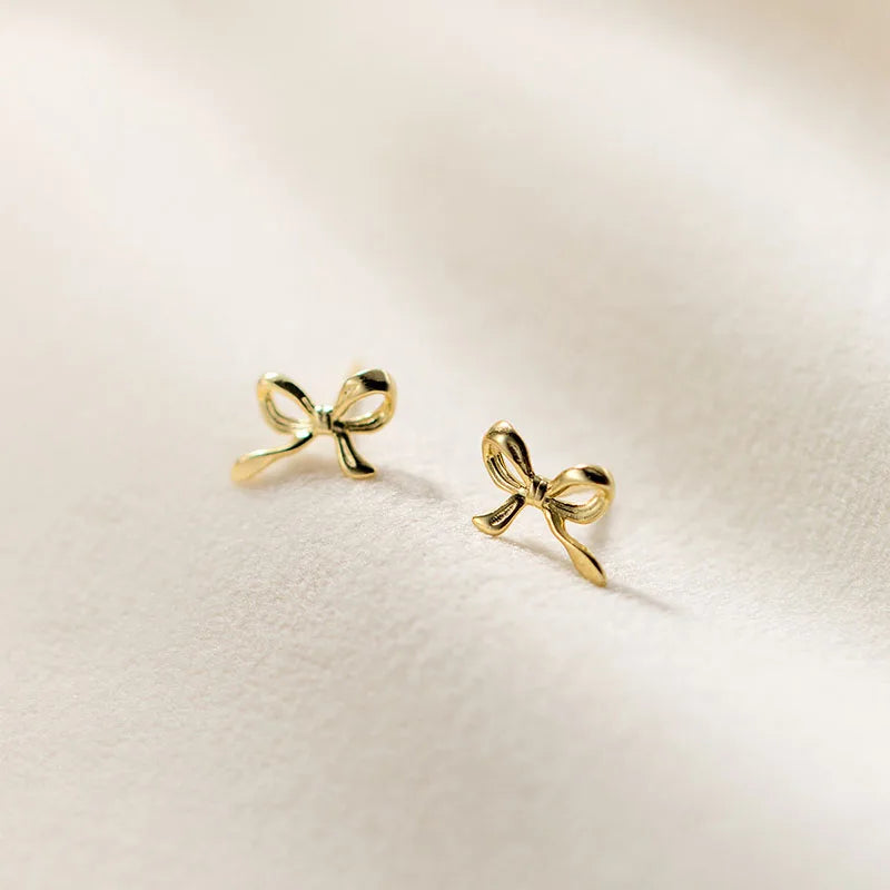 Sweet Romantic 925 Sterling Silver Fine Jewelry Fashion Ribbon Bow Stud Earrings for Women Perfect Birthday Party Gift