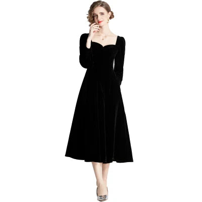 Women's Velvet Little Black Dress Autumn New Classical Style Retro Bubble Sleeve Dress