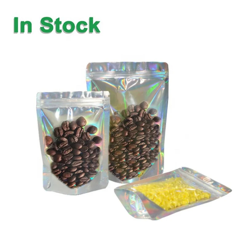 Clear Front Laser Hologram Stand up Holographic Mylar Resealable Ziplock Bag Packaging