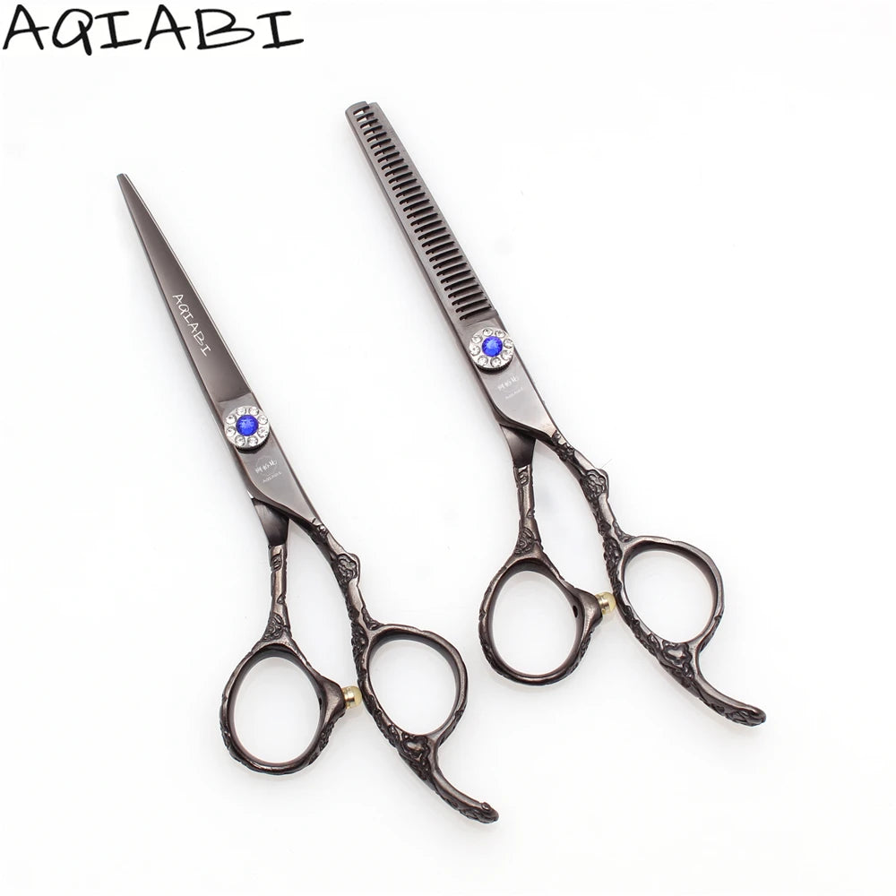 Hair Cutting Scissors 5.5'' 6" AQIABI Japan Steel Hair Scissors Thinning Shears Hairdressing Scissors Black Plum Handle A9002