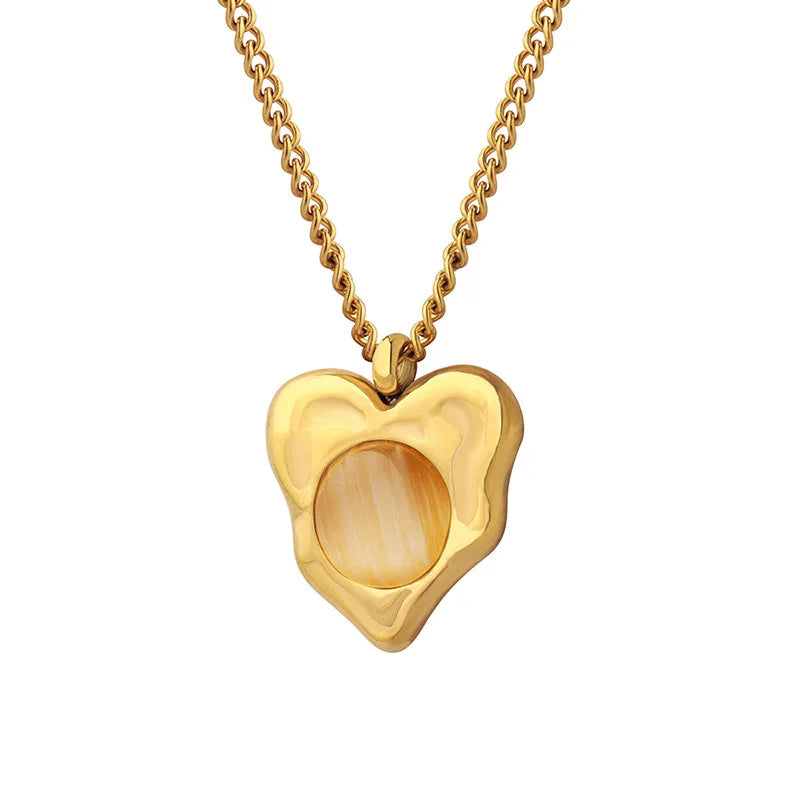 Retro Light Luxury Unisex Classic Stainless Steel 18K Gold-Plated Irregular Heart Shaped Inlaid Opal Pendant Necklace Jewelry