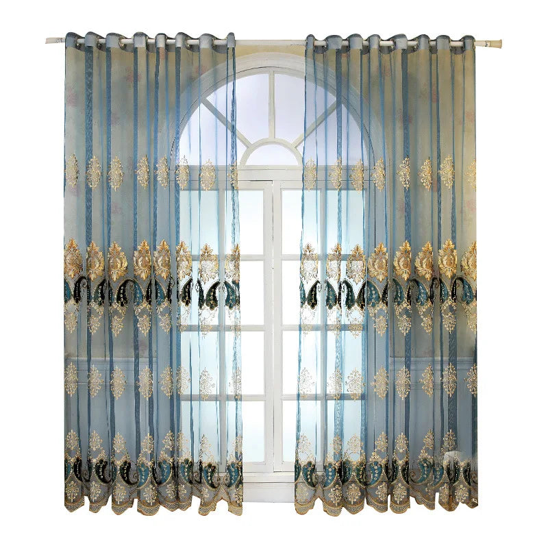 Luxurious European Style Embroidered Sheer Curtain Grommet Ready Made Embroidery Tulle Voile Curtains for Living Room