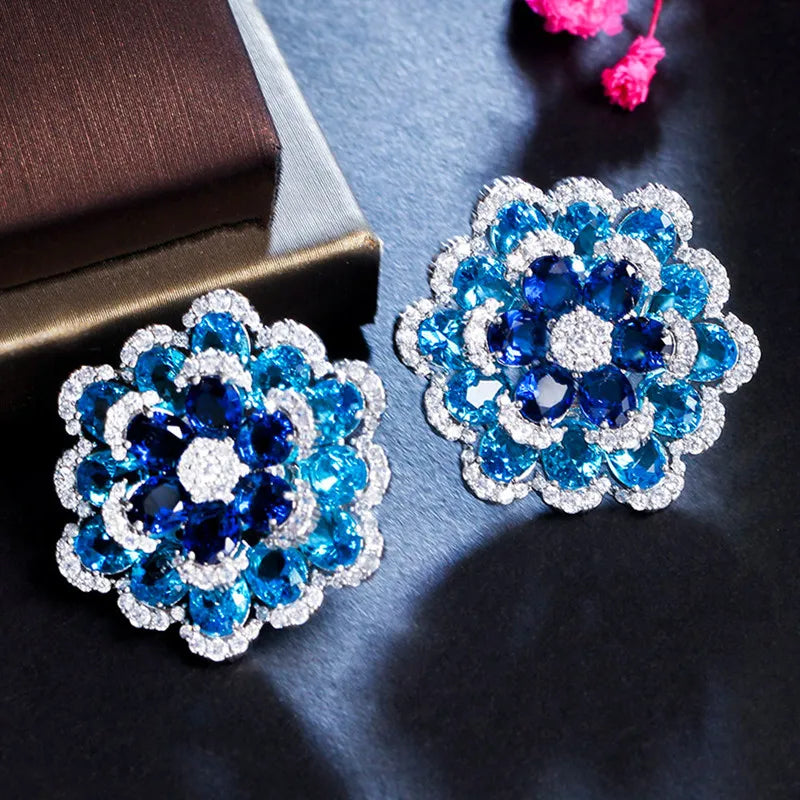 Exquisite 3D Design Blue Cubic Zircon Flower Stud Earring for Women Gorgeous CZ Wedding Party Prom Luxury Jewelry Valentine Gift