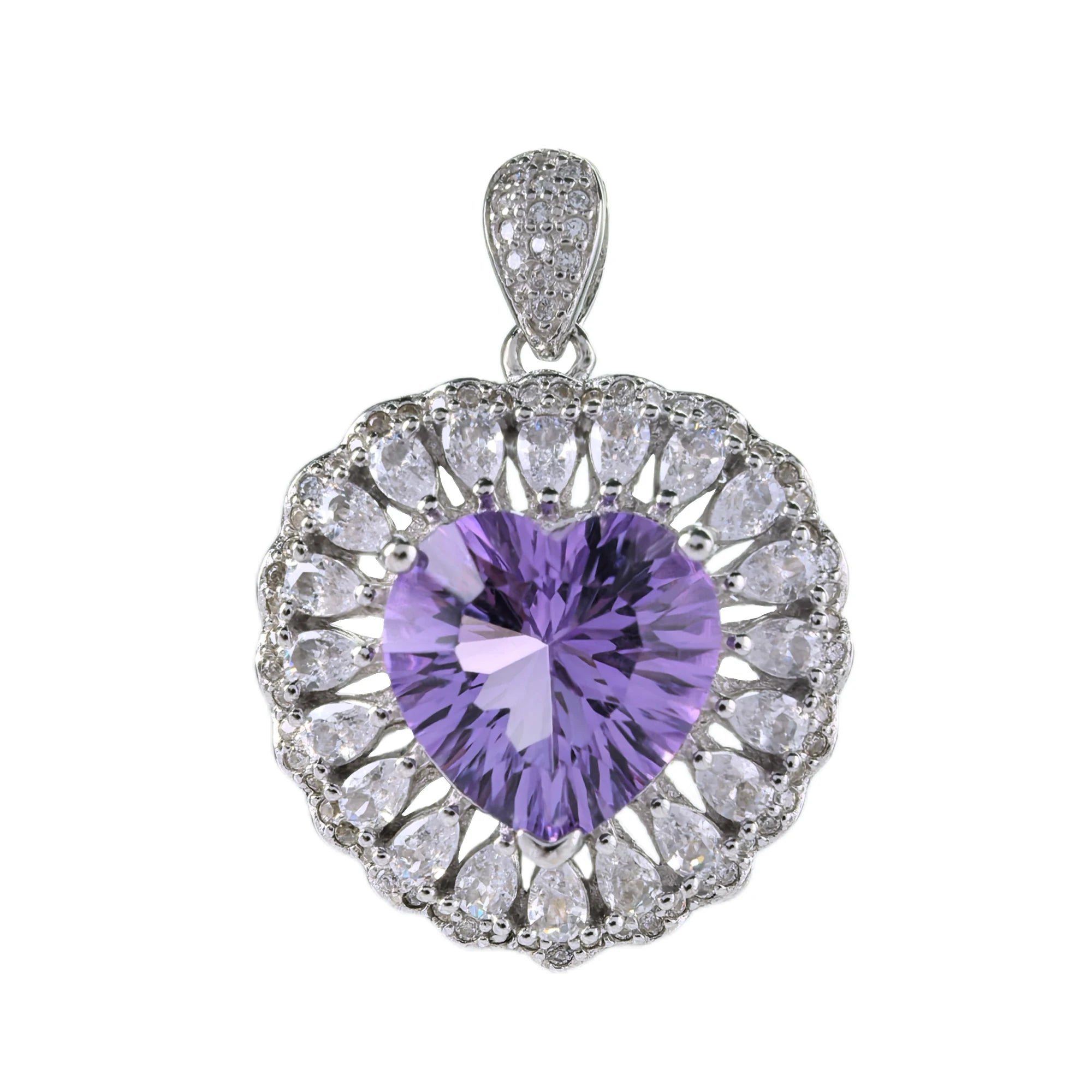 Romantic Rhodium-Plated 925 Sterling Silver Natural Amethyst Heart Pendant Charm for Women's Valentine's Day Gift