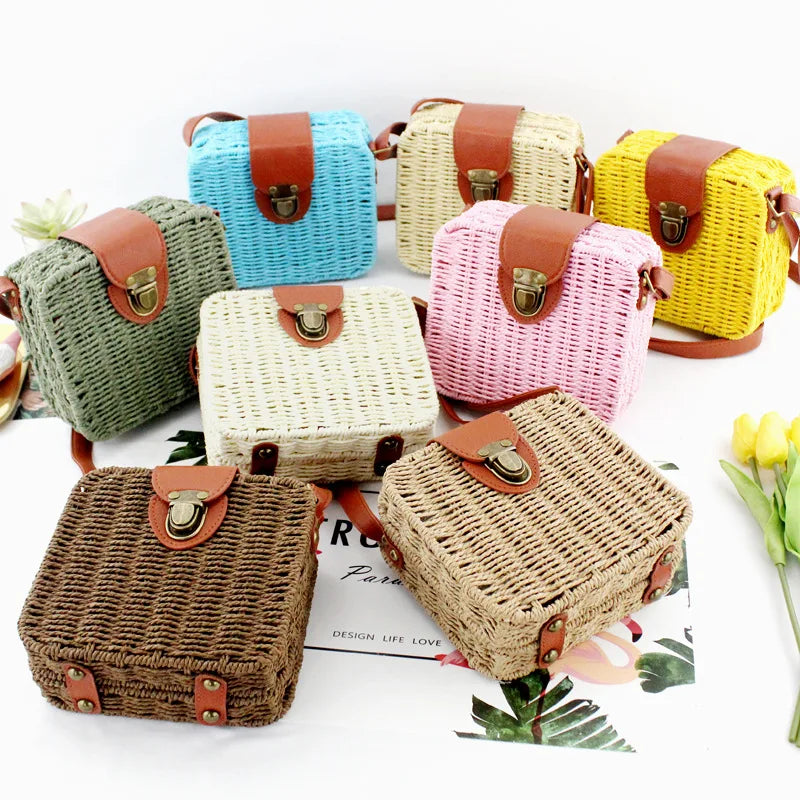 Hand-woven Women Straw Bag Ladies Shoulder Bags Beach Travel Crossbody Bag Female Small Rattan Box Handbag
