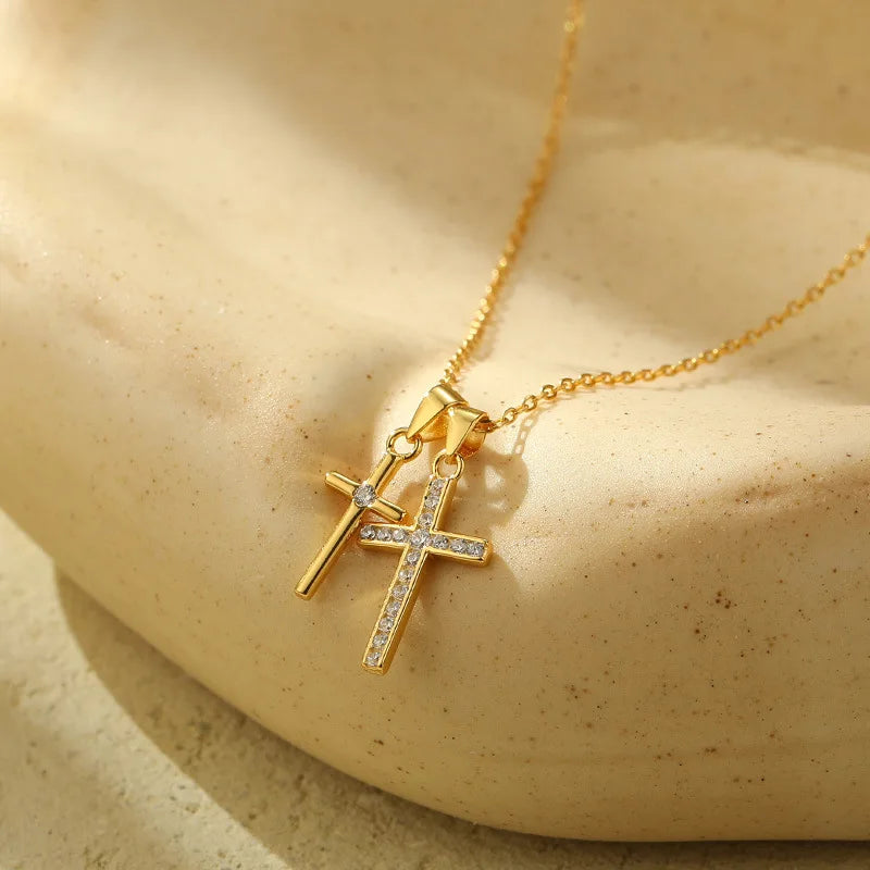 Fashion Jewelry Necklace 925 Sterling Silver Cross Pendant Necklace Two Crosses 18K Gold Plated Zircon Necklace Women