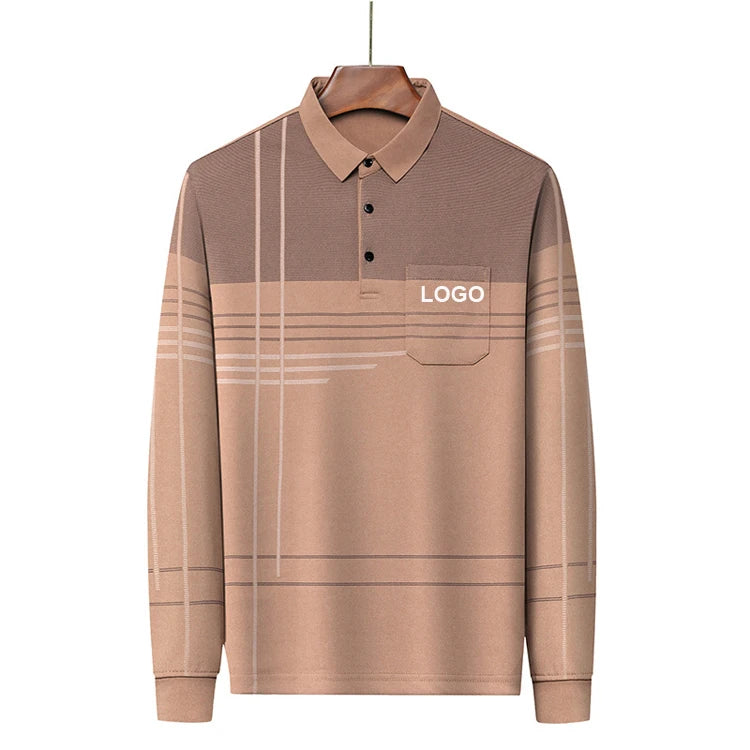 Custom Logo Middle-aged Long Sleeve Polo Shirt High Quality Men's Business T-Shirt Mens Tops Work Polo T Shirt With Pocket