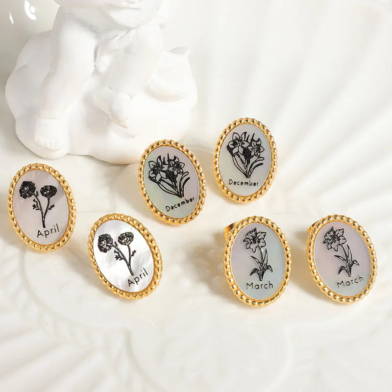 New Design Fashion Stainless Steel Jewelry White Seashell Shell 18k Gold Plated Birthday Flower Stud Earrings for Women 2023