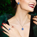 Manufacturer 925 Silver Jewelry 3 Sets Blue Topaz Aquamarine Gemstone ZIRCON Wedding Ring Set Earrings Ring Pendant Necklace Set
