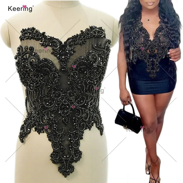 WDP-295 Crystal Panel Green and Silver Black Rhinestone Bodice Strass Applique for Fashion Girls Dress