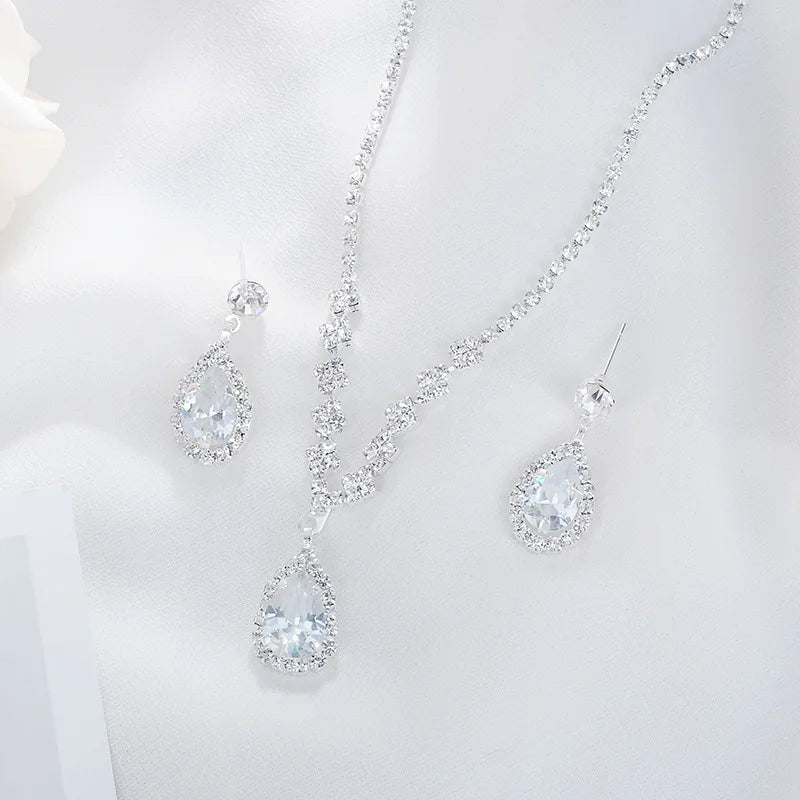 Fashion Elegant Water Drop Rhinestone Glass Crystal Female Sparkling Jewelry Tennis Chain Necklace Earring Set for Wedding Party
