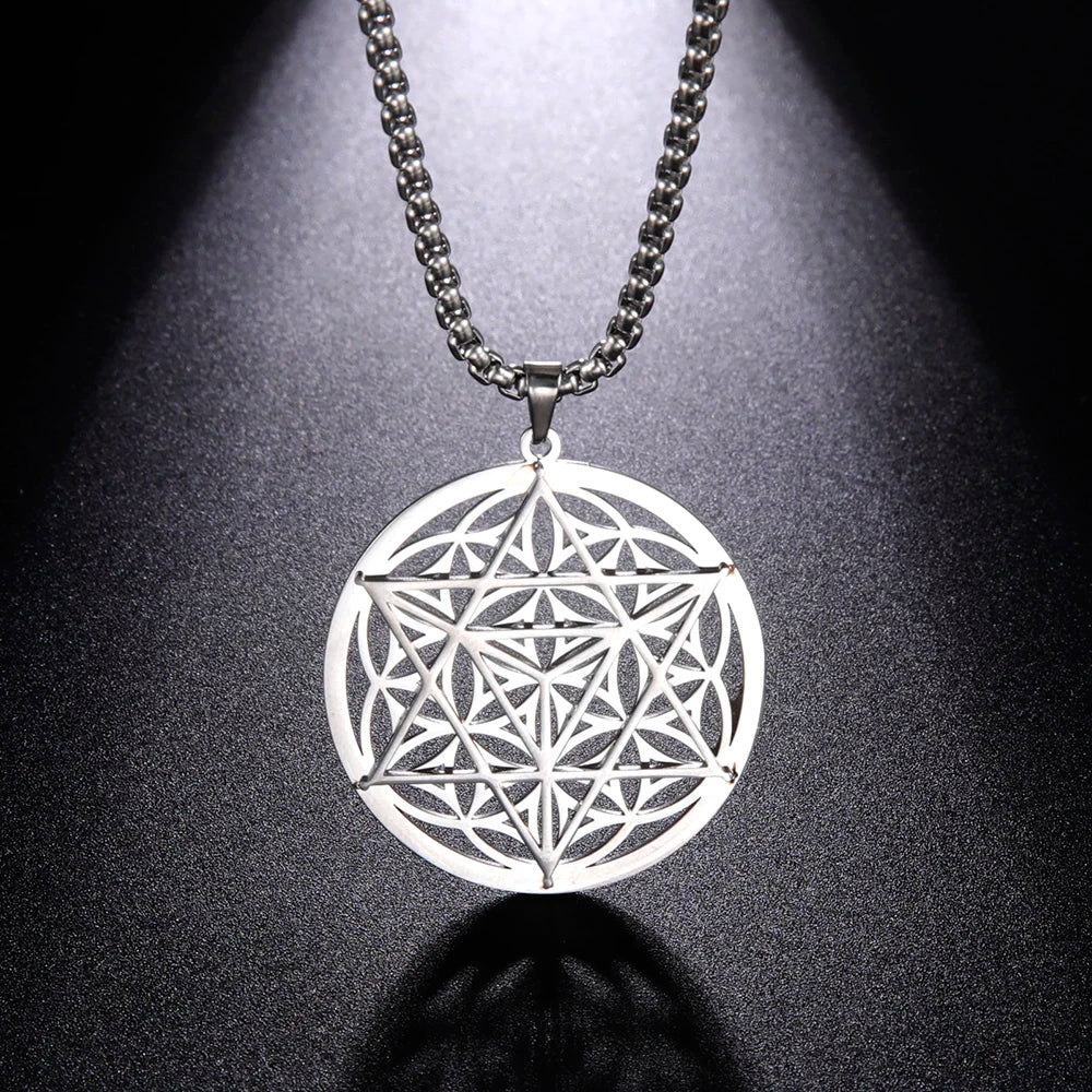 Merkabah Over Flower of Life Pendant Necklace Star Tetrahedron Sacred Geometry Kabbalah Amulet Stainless Steel Jewelry