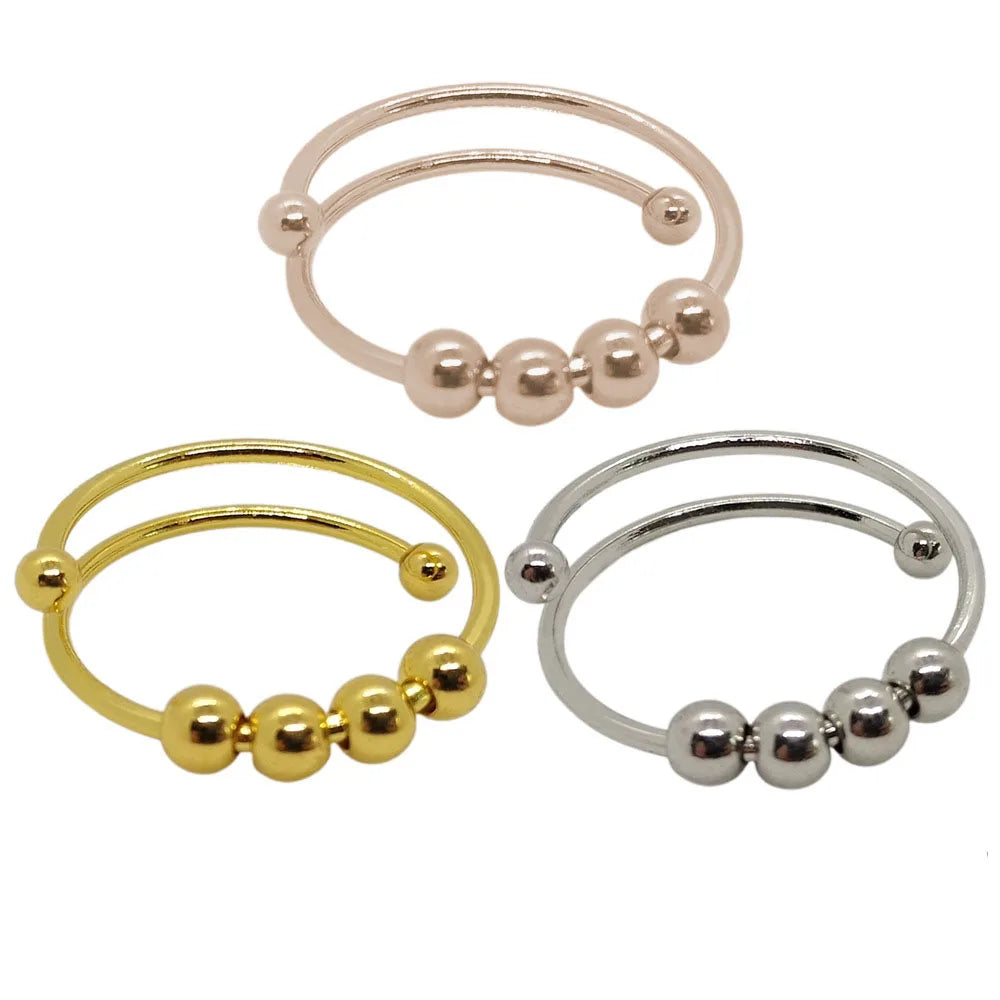 G827 Stainless Steel Copper Jewelry Spinning Fidget Rings Frosted Gold-Plated Spin Ball Spinner Open Adjustable Anxiety Ring