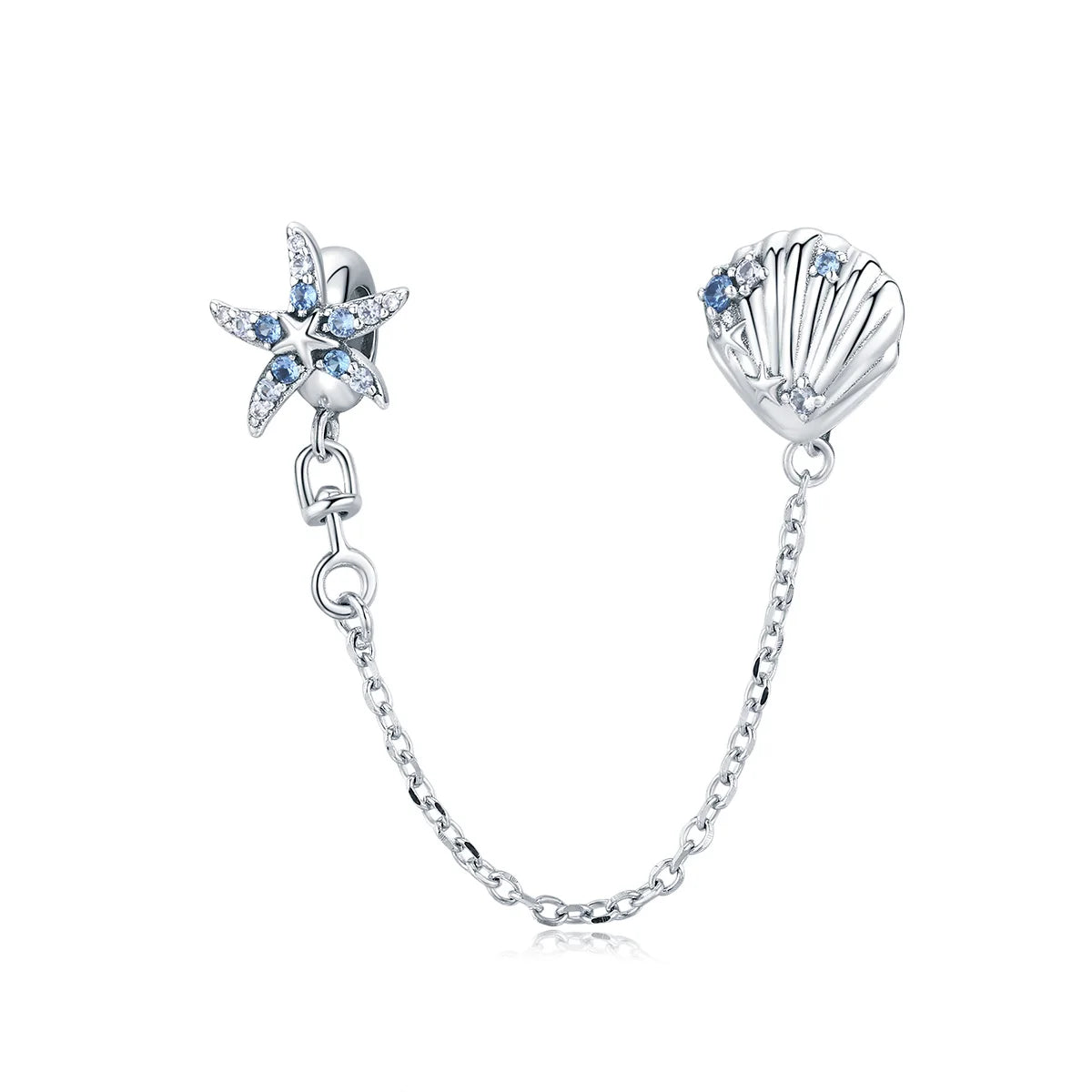 925 Silver Marine Adventure Starfish & Shell Safety Chain Charm - Waterproof Adjustable Chain Ocean STEM Learning Gift
