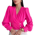 RNSHANGER Casual Deep V Neck Solid Shirt Blouse Office Lady Fashion Elegant Long Sleeve Waist Button Blouses for Women