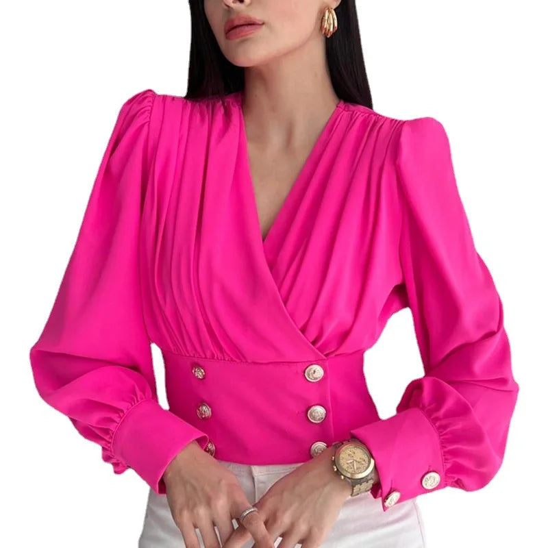 RNSHANGER Casual Deep V Neck Solid Shirt Blouse Office Lady Fashion Elegant Long Sleeve Waist Button Blouses for Women