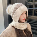 2 in 1 Winter Warm Pompom Beanie Thick Knitted Scarf Hat Crochet Bonnet Cap Outdoor Ski Female Hood Beanies