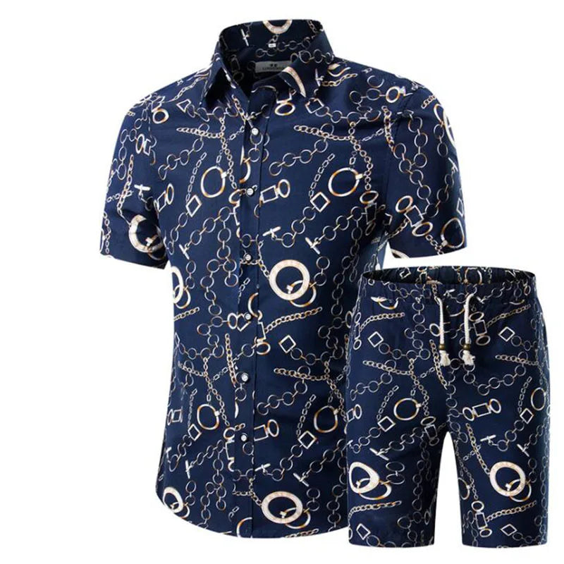 Summer Men Shirts+Shorts Set Casual Printed Hawaiian Shirt Breathable Homme Short Male Printing Dress Suit Sets Plus Size