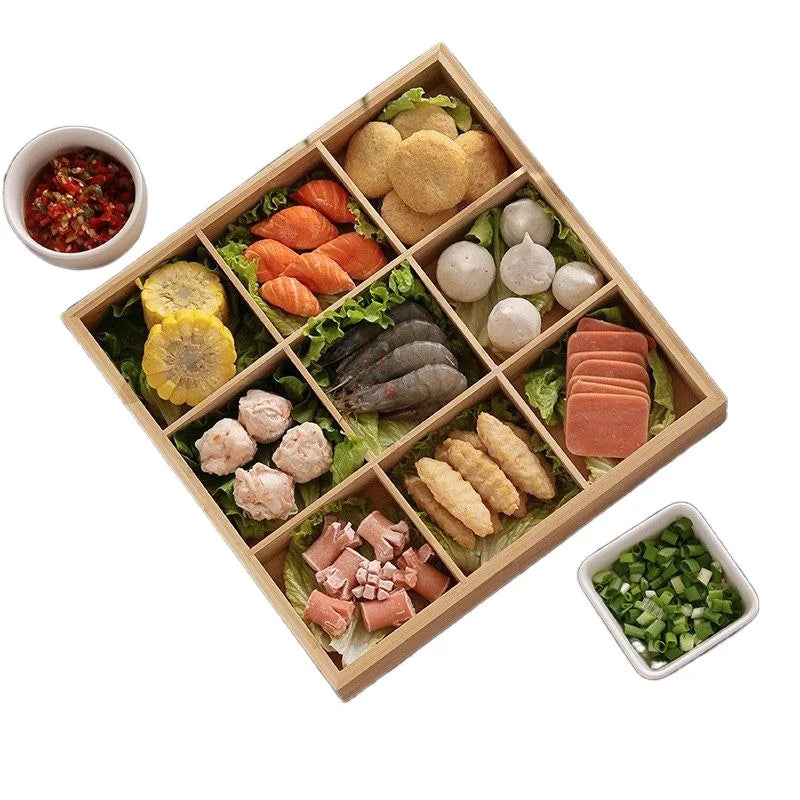 Bamboo Wooden Multi Compartment Hotpot Serving Tray Tray Bamboo Nine-grid Wood Tableware Snack Plate