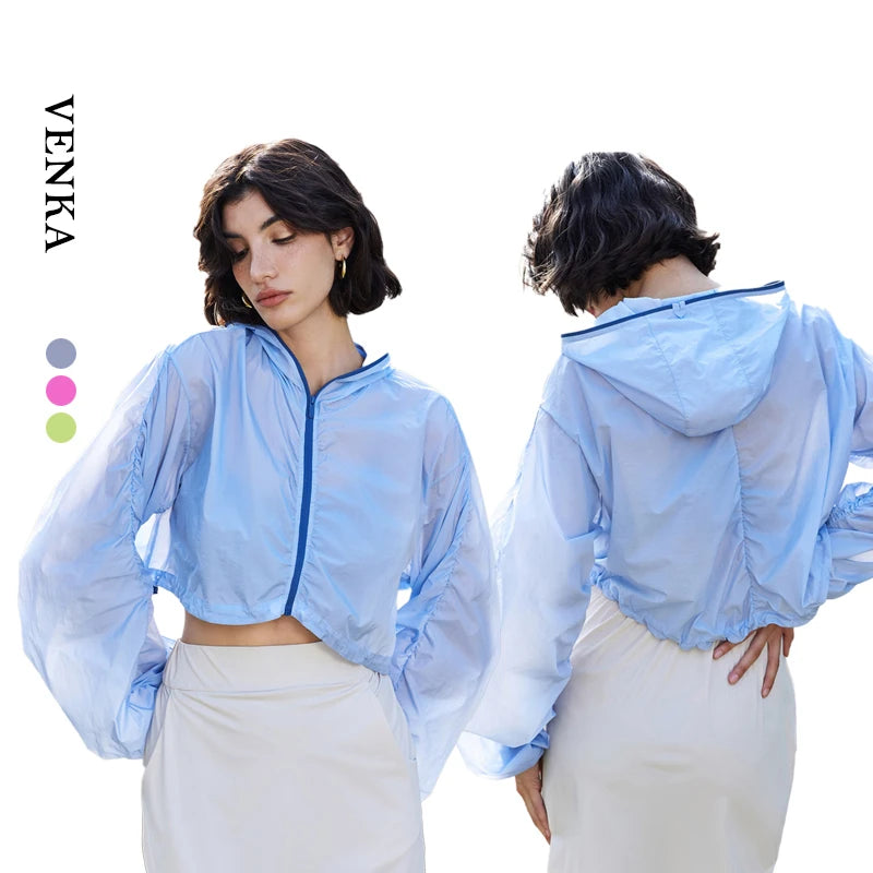Women's Lightweight Summer Sports Jacket with Hood Quick Dry Yoga Crop Top Long Sleeves Zipper Closure for Fitness Gym Workouts