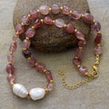 Gold Plated Purple Jade Amazonite Heart Baroque Pearl Minimalist Torque Necklace Anniversary Jewelry Mother's Day Gift
