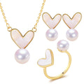 Hot Sale Natural Freshwater Pearl Earrings Rings Jewelry Set Sea Shell Love Design Gold for Wedding Gift Party Engagement