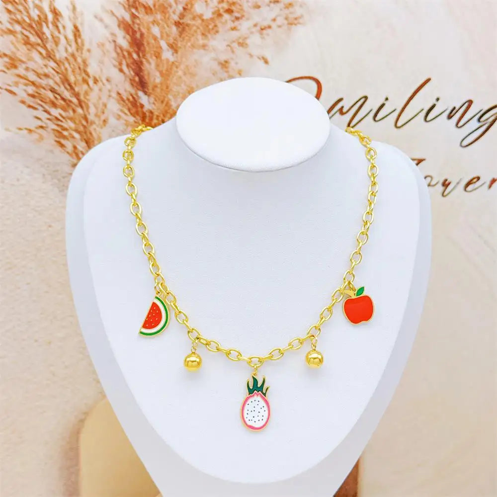 Handmade DIY Charms Strawberry Pineapple Grapes Fruit Pendant Necklace 18K Gold Stainless Steel Waterproof Necklace for Women