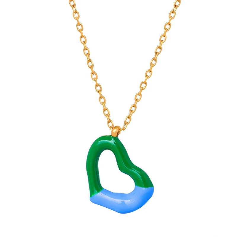 Trendy Custom Design 18K Gold Plated Stainless Steel Two Tone Enamel Hollow Heart Chain Pendant Necklace for Women Daily Wear