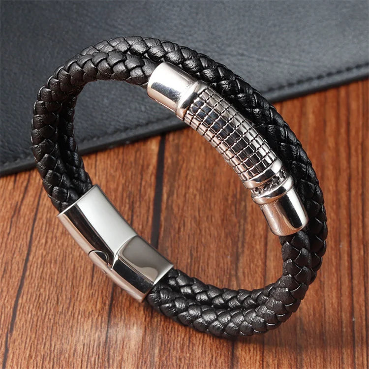Hot Selling Double Layers Bracelet Black Genuine Leather Multi-Layer Braided Stainless Steel Leather Bracelets for Men