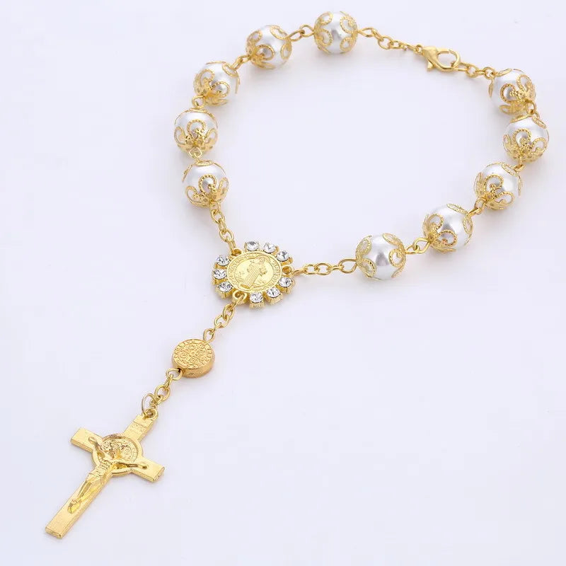 Wholesale 10MM  Hand-made Pearl Bracelet with Cross Catholic Pendant for Gold Silver Plated Beaded Prayer Bracelets