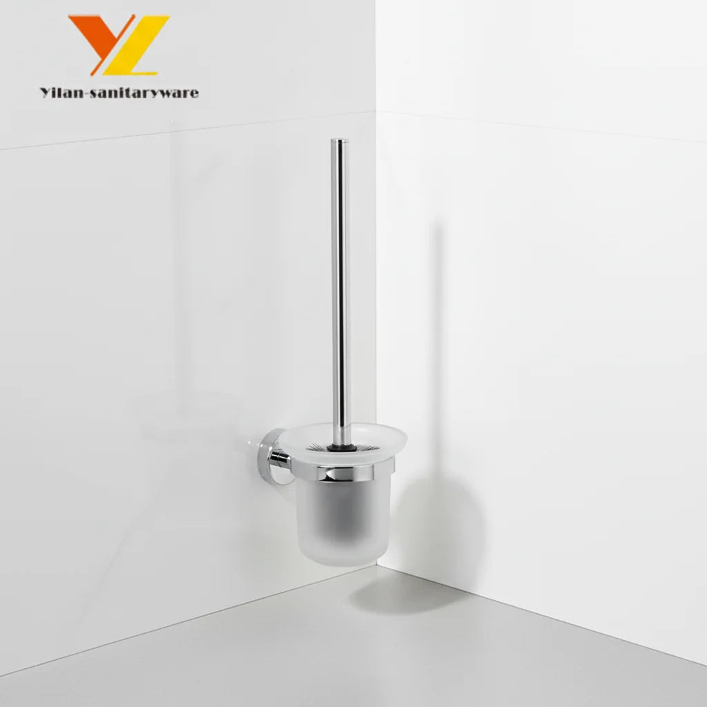 Long Handle Household Cleaning Toilet Brush Modern Design Metal Toilet Brush Holder Featuring Glass Wall-Mounted for Bathroom