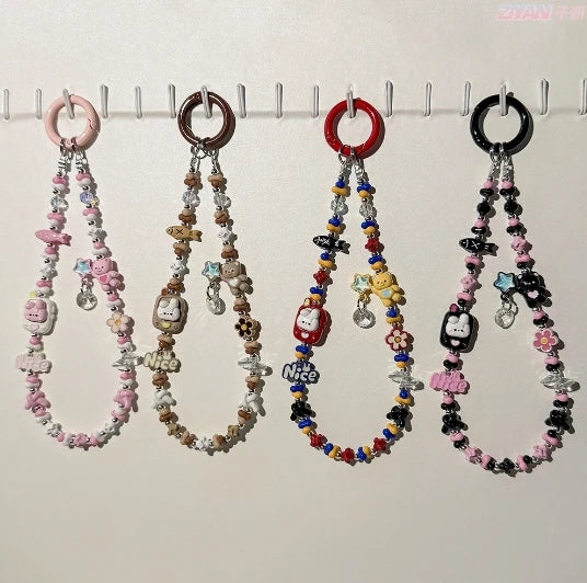 Cartoon Alloy Rabbit Mobile Phone Chain Crystal Black Powder Sweet Cool Colored Peanut Beads Bear Bag Pendant Keychain Pendant