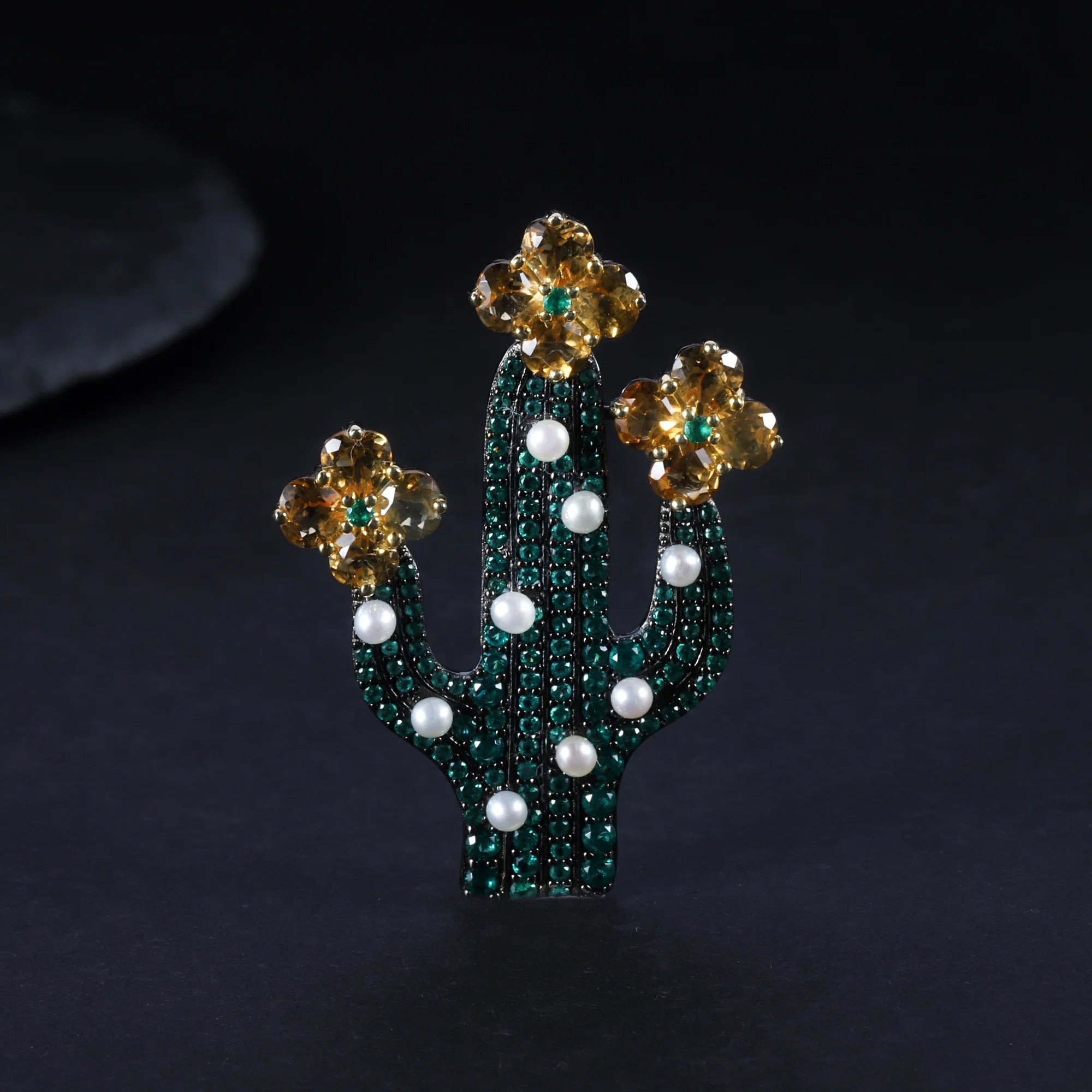 Abiding Fine Jewelry Trendy Cactus Plant Citrine Flower Freshwater Pearl 925 Sterling Silver Brooch Pendant for Women
