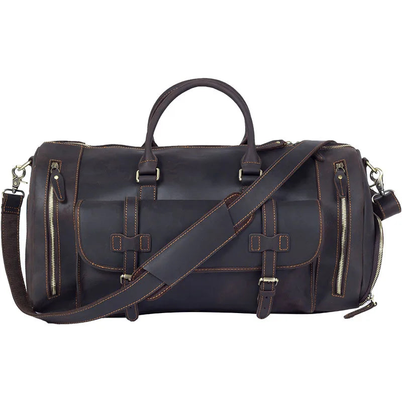Full Grain Men Carry on Gym Duffel Real Leather Handbags Luggage Bag with Shoe Compartment