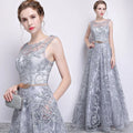 Hot Selling Elegant Ladies Evening Dress Sleeveless Crew Collar High Waist Lace Dress Metal Belt Ball Gown Prom Dress