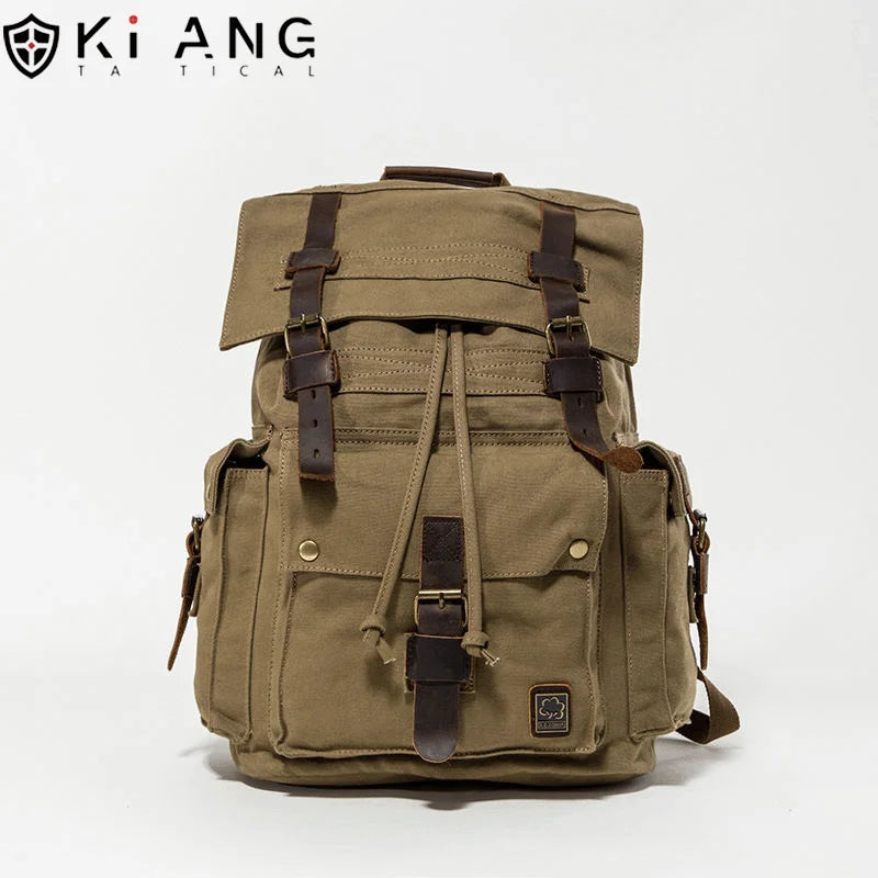 Retro Fashion Outdoor Large Capacity Hunting Hiking Waterproof Rolltop Canvas Tactical Backpack