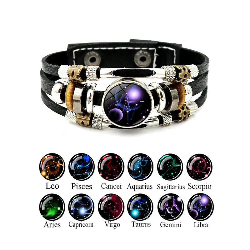 Zodiac Sign Genuine Horoscope Leather Bracelet Aries Taurus Gemini Cancer Leo Virgo Libra Scorpio Sagittarius Aquarius Bracelet