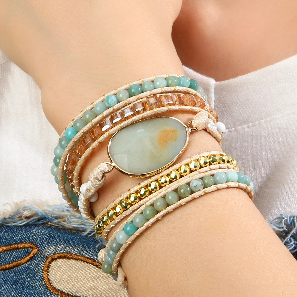 New Fashion Boho Bracelet Blue Natural Stones Grass Amazonite Charm 5 Strands Woven Wrap Bracelets